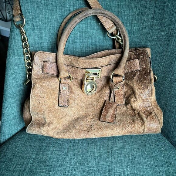 Michael Kors women’s brown ostrich leather purse satchel shoulder handle bag! - Picture 1 of 16